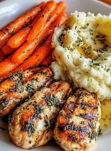 Garlic herb chicken served with creamy mashed potatoes and glazed carrots