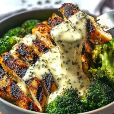 Grilled chicken and broccoli bowls topped with creamy garlic sauce
