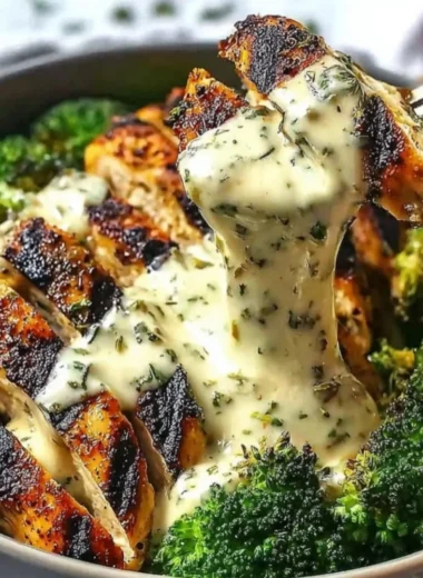 Grilled chicken and broccoli bowls topped with creamy garlic sauce