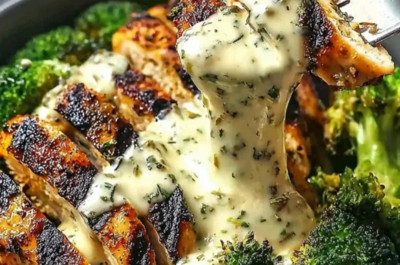 Grilled chicken and broccoli bowls topped with creamy garlic sauce