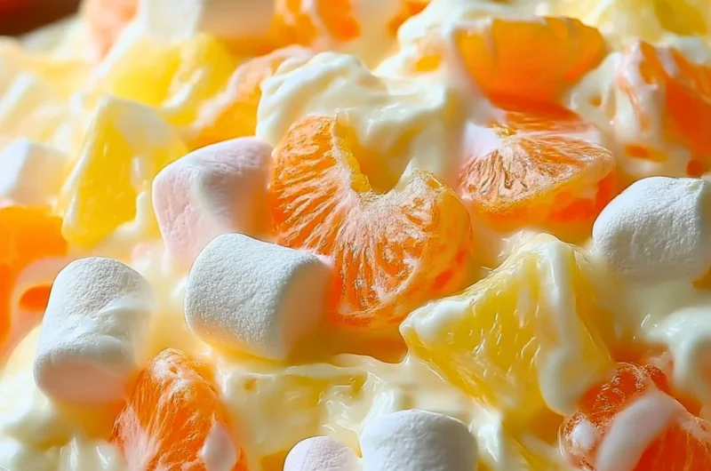 Delicious Hawaiian fruit salad with tropical fruits like pineapple, mango, and coconut.