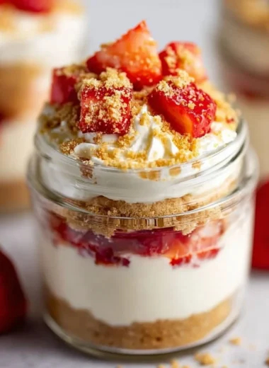 High protein cheesecake jars topped with fresh berries