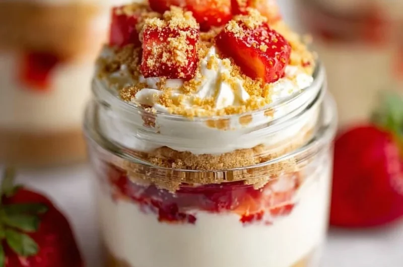 High protein cheesecake jars topped with fresh berries