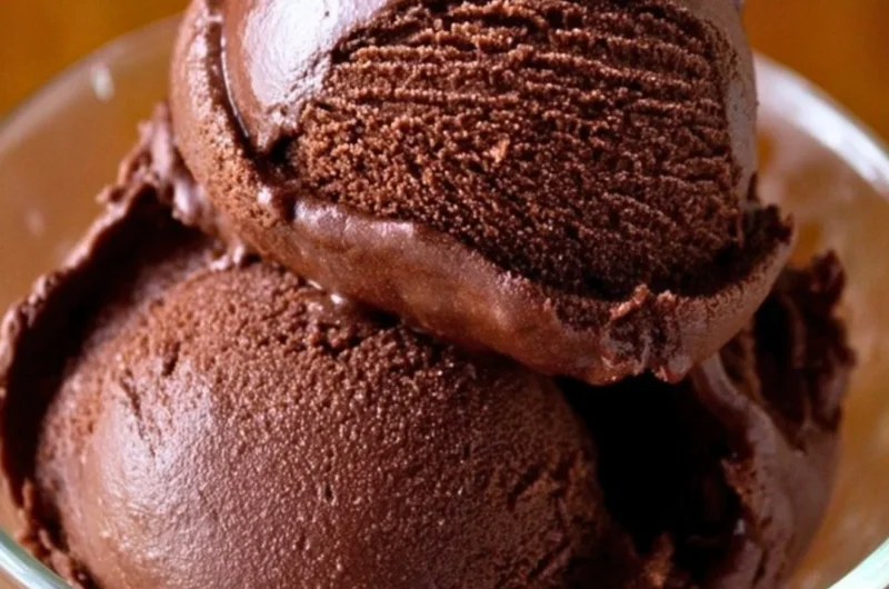 Delicious homemade chocolate sorbet in a bowl with chocolate shavings.