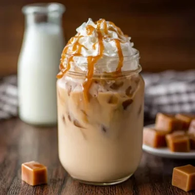 Delicious iced caramel latte topped with caramel drizzle and whipped cream