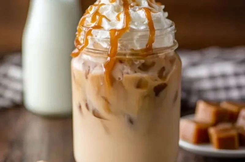 Delicious iced caramel latte topped with caramel drizzle and whipped cream