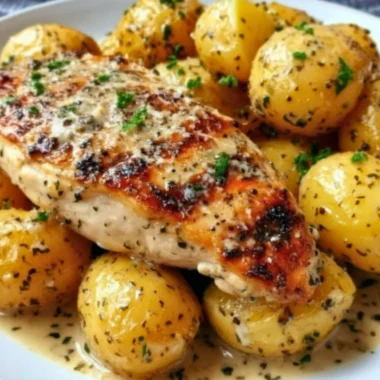 Crockpot garlic parmesan chicken served on a plate with herbs
