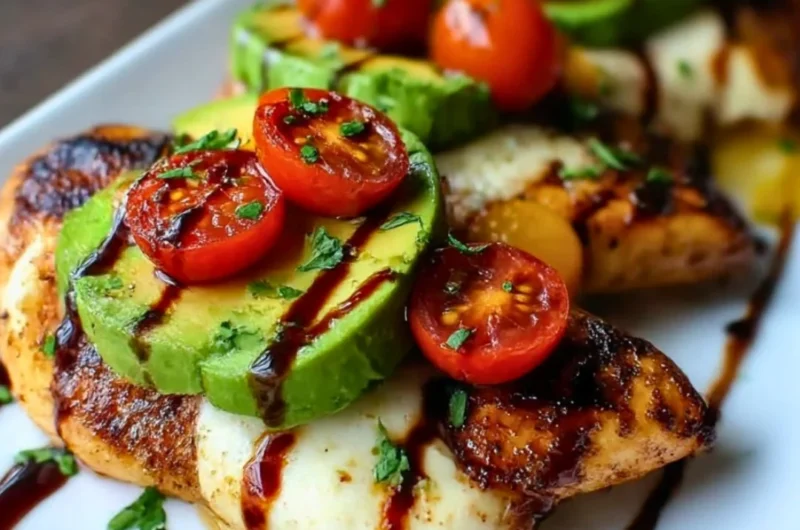Juicy grilled chicken served with fresh California avocados on a plate