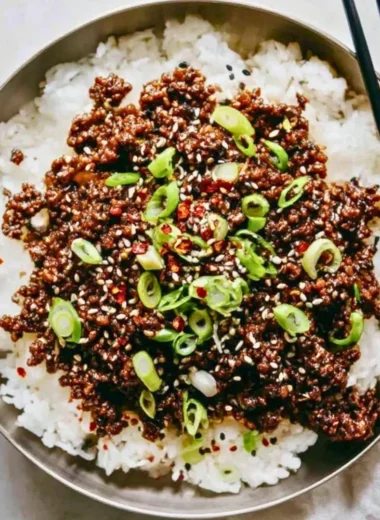 Delicious Korean beef dish made with ground beef, garnished with fresh vegetables
