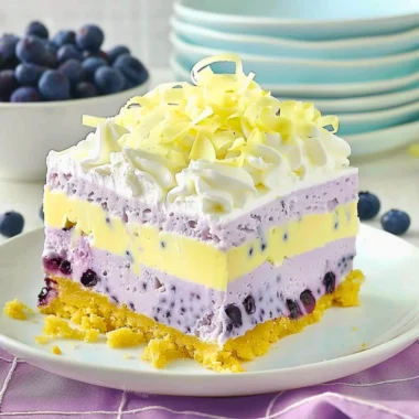 A vibrant slice of lemon blueberry lasagna topped with fresh blueberries and lemon zest.