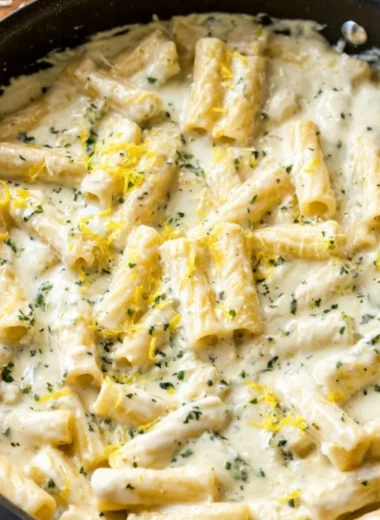 Delicious Lemon Garlic Cream Sauce drizzled over pasta