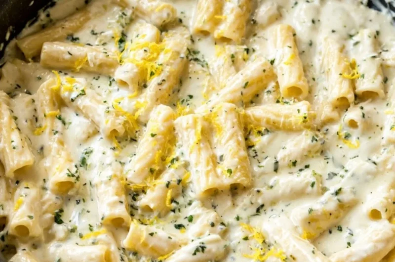 Delicious Lemon Garlic Cream Sauce drizzled over pasta