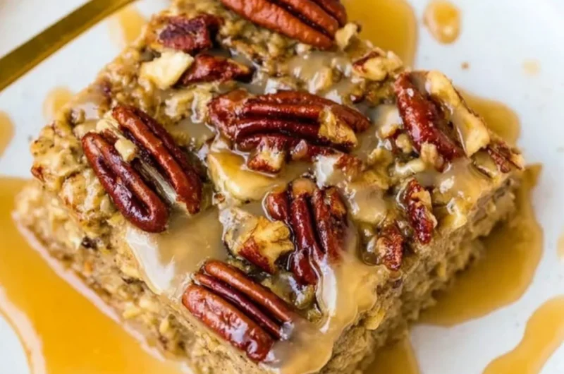 Delicious Maple Pecan Baked Oatmeal served in a bowl with nuts and maple syrup.
