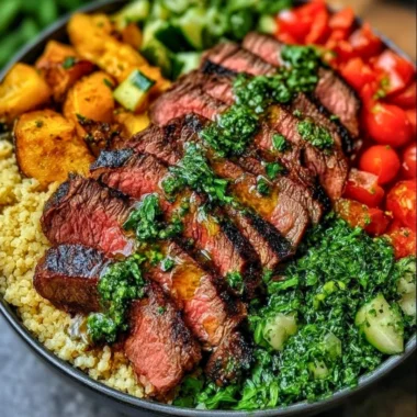 Delicious Mediterranean steak bowl with fresh veggies and herbs