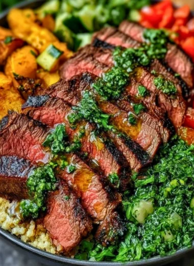 Delicious Mediterranean steak bowl with fresh veggies and herbs