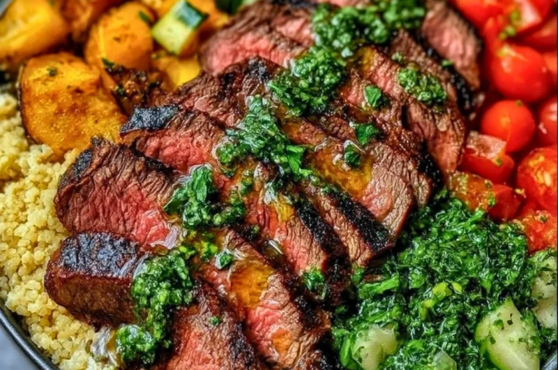 Delicious Mediterranean steak bowl with fresh veggies and herbs
