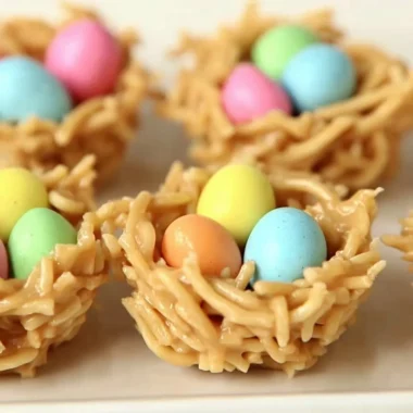 No-Bake Easter Egg Peanut Butter Haystacks dessert featuring chocolate and peanut butter.