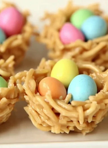 No-Bake Easter Egg Peanut Butter Haystacks dessert featuring chocolate and peanut butter.
