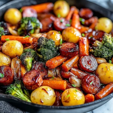 One-pan honey garlic kielbasa with colorful veggies in a skillet
