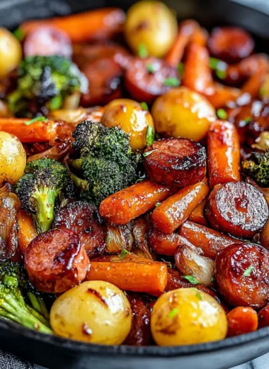 One-pan honey garlic kielbasa with colorful veggies in a skillet