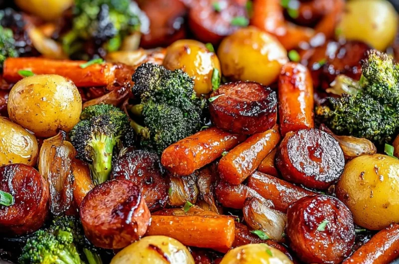 One-pan honey garlic kielbasa with colorful veggies in a skillet