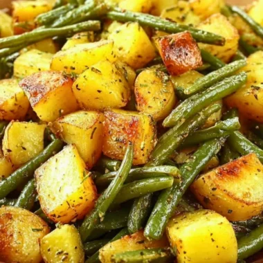 Oven-roasted potatoes and green beans served on a plate