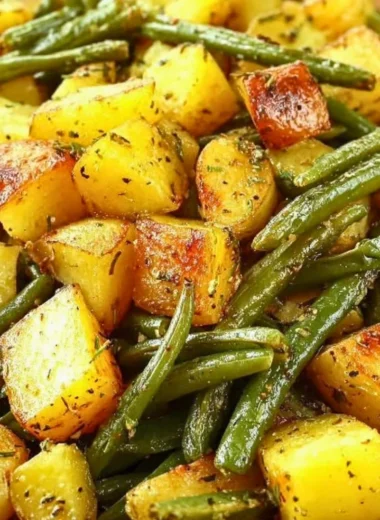 Oven-roasted potatoes and green beans served on a plate