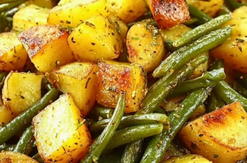 Oven-roasted potatoes and green beans served on a plate