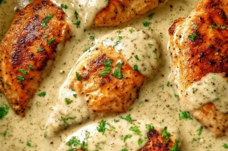 Delicious Ranch Chicken recipe cooked in a crock pot with herbs and spices.