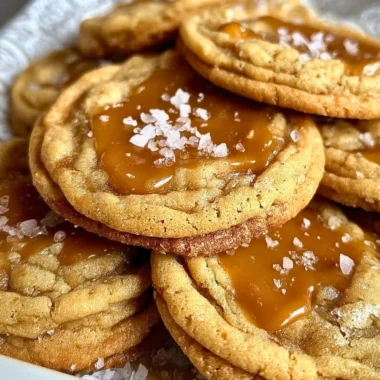 Freshly baked salted caramel cookies with a drizzle of caramel