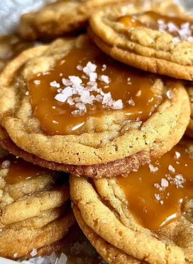 Freshly baked salted caramel cookies with a drizzle of caramel