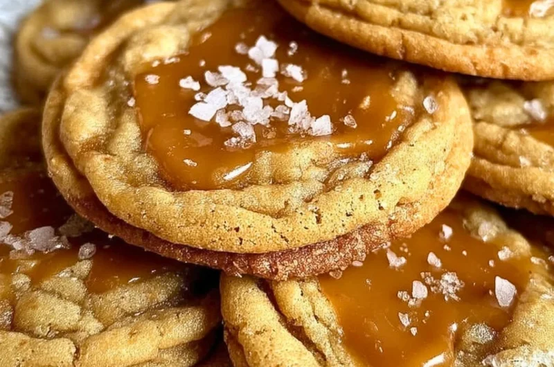 Freshly baked salted caramel cookies with a drizzle of caramel