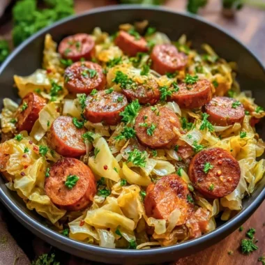 Sausage and Cabbage Stir Fry served in a colorful bowl