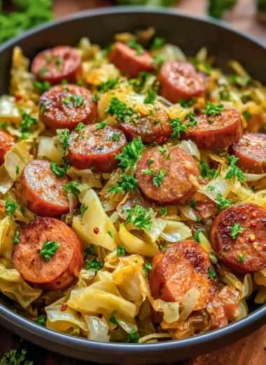 Sausage and Cabbage Stir Fry served in a colorful bowl