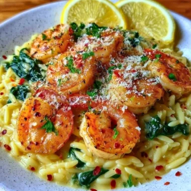 Shrimp orzo in lemon garlic sauce served in a bowl