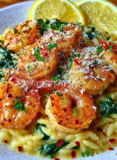 Shrimp orzo in lemon garlic sauce served in a bowl