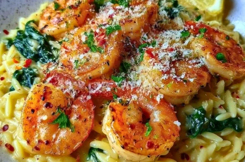 Shrimp orzo in lemon garlic sauce served in a bowl