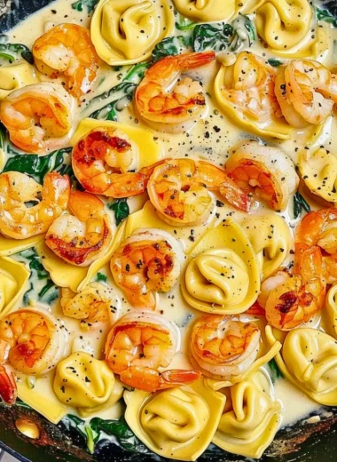 Shrimp tortellini with garlic sauce in a serving dish, garnished with parsley