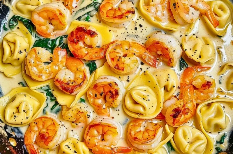 Shrimp tortellini with garlic sauce in a serving dish, garnished with parsley