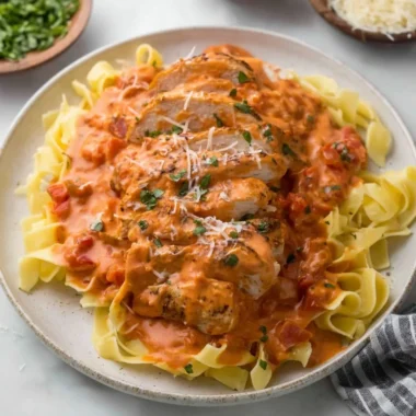 Slow cooker creamy tomato basil chicken breast served with fresh basil.
