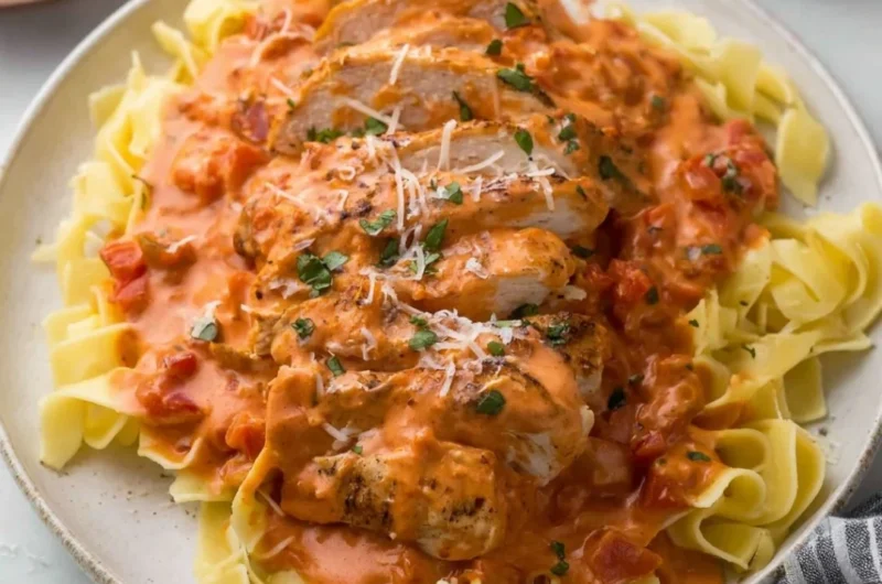 Slow cooker creamy tomato basil chicken breast served with fresh basil.