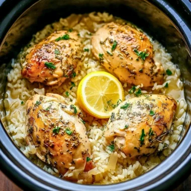 Slow cooker lemon herb chicken with rice, garnished with fresh herbs.