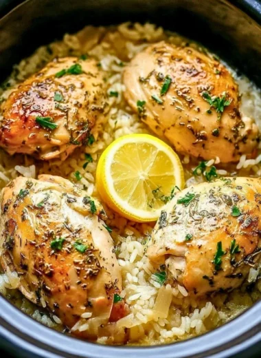 Slow cooker lemon herb chicken with rice, garnished with fresh herbs.