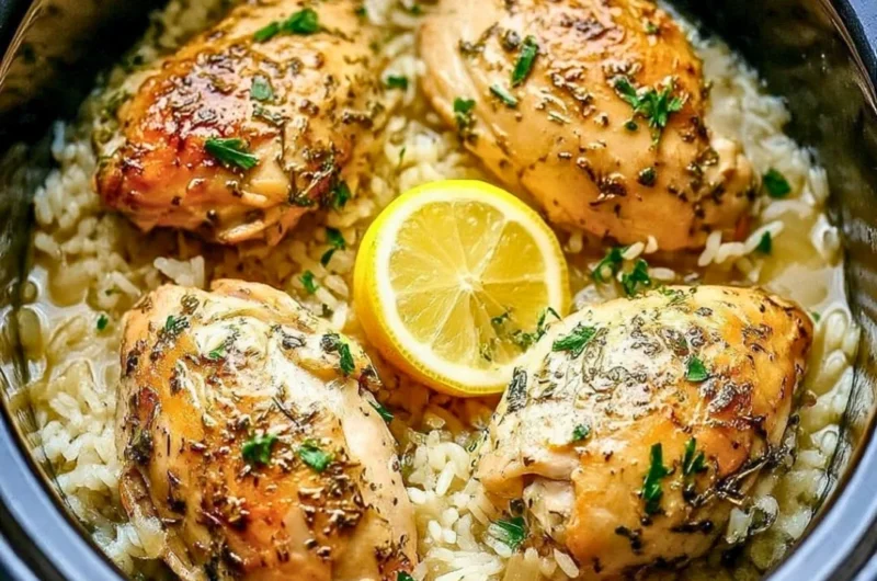 Slow cooker lemon herb chicken with rice, garnished with fresh herbs.
