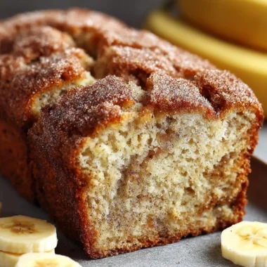 Slice of homemade snickerdoodle banana bread on a wooden table