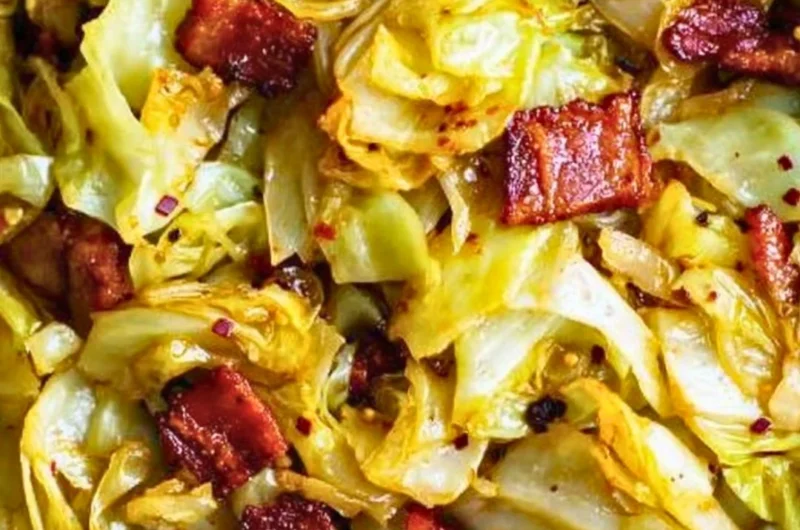 Plate of Southern Fried Cabbage with seasoning and bacon