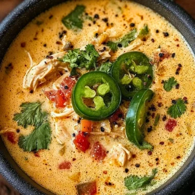 Bowl of spicy jalapeño popper chicken soup garnished with jalapeños and cheese.