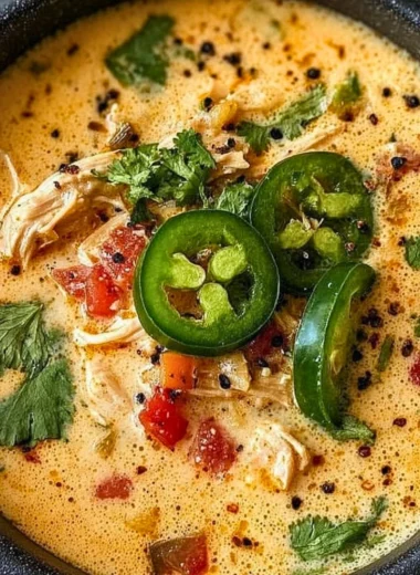 Bowl of spicy jalapeño popper chicken soup garnished with jalapeños and cheese.