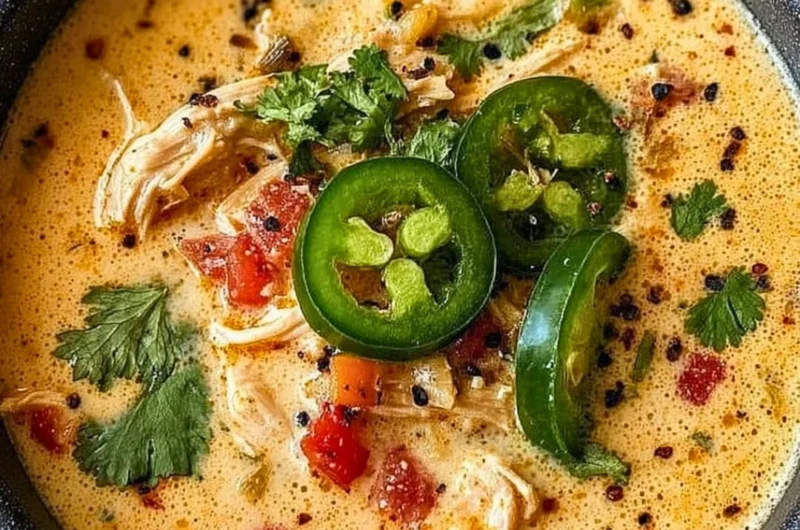 Bowl of spicy jalapeño popper chicken soup garnished with jalapeños and cheese.
