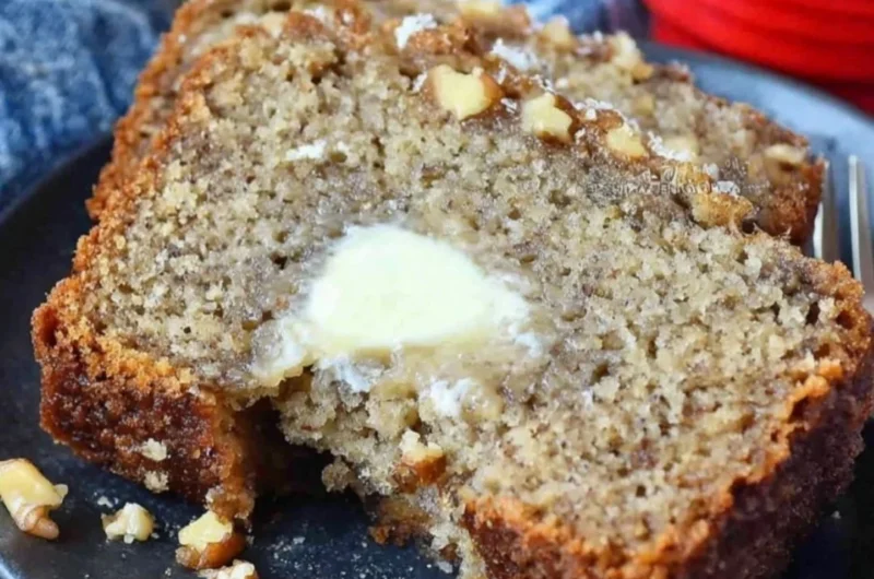 Delicious slice of Starbucks Copycat Banana Bread on a wooden table